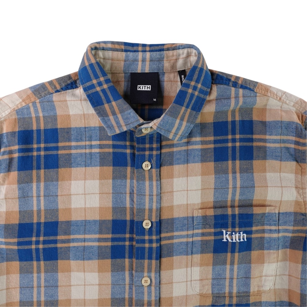 Kith Ludlow Plaid Button Down Shirt Mens M Blue Tan Flannel Embroidered Pocket
